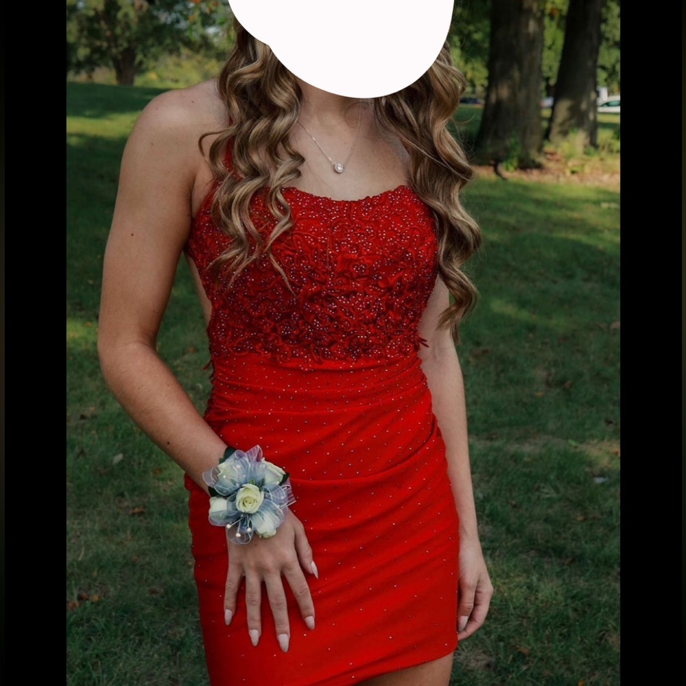 Amelia Couture homecoming formal semiformal prom dress red lace rhinestones